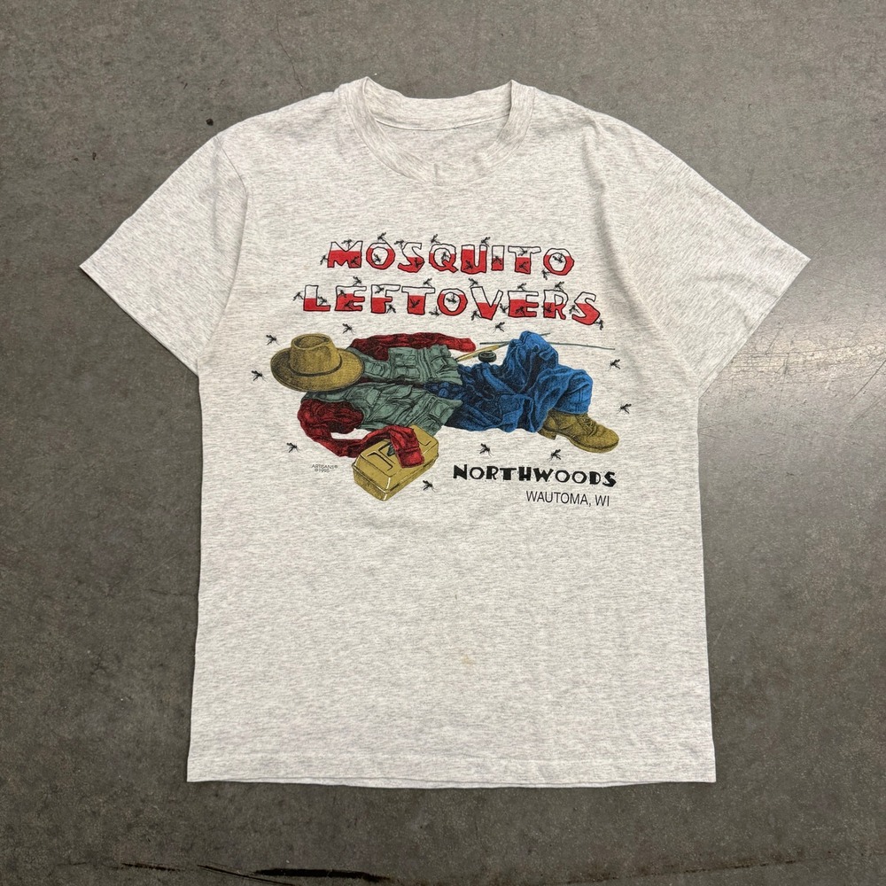 Vintage 1995 Artisans Mosquito Leftovers Fishing T-Shirt Gray Northwoods WI 4344